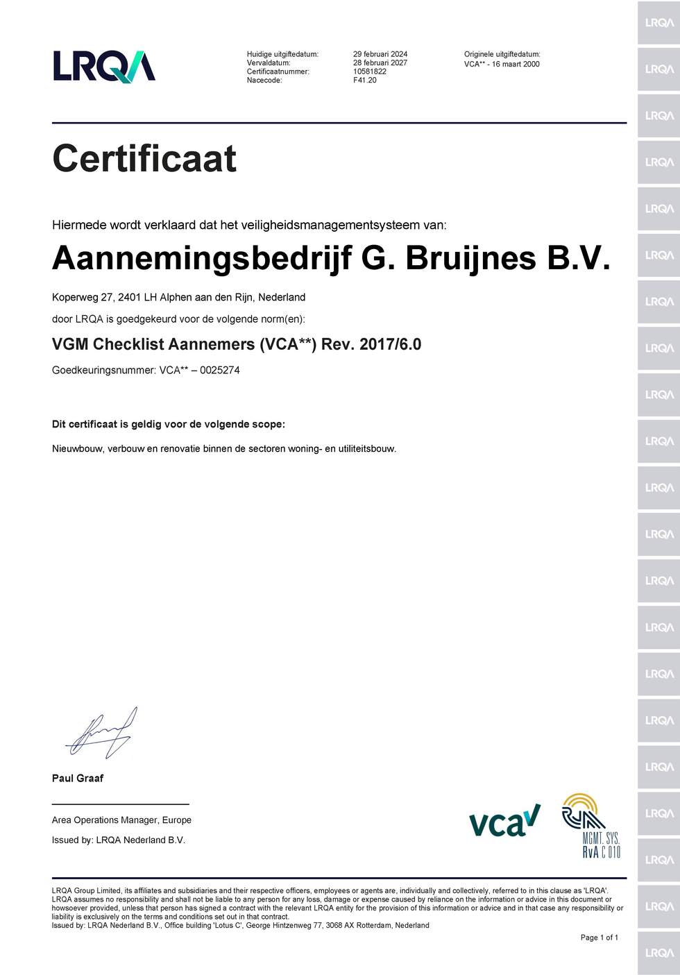 VGM Checklist Aannemers (VCA**)  Meer dan bouwen